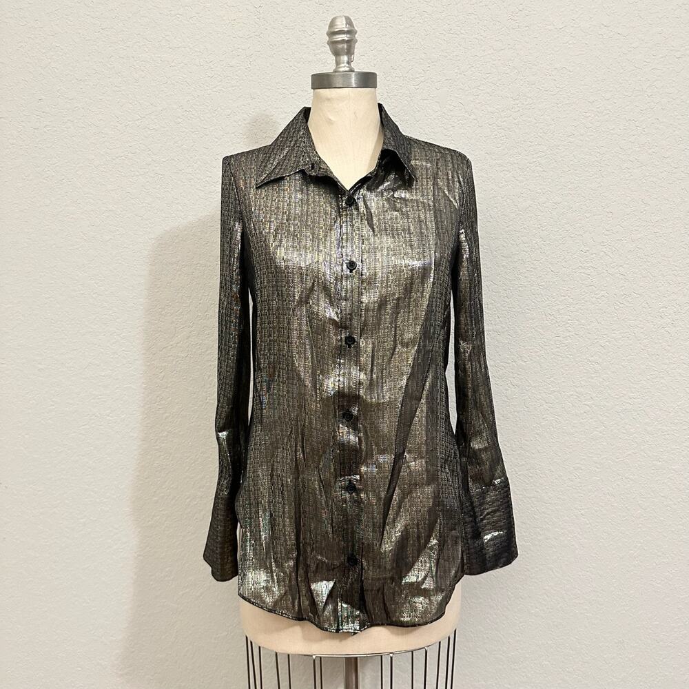 MILLY Shirt Gold Black Metallic Silk Long Sleeve Button Up Sheer